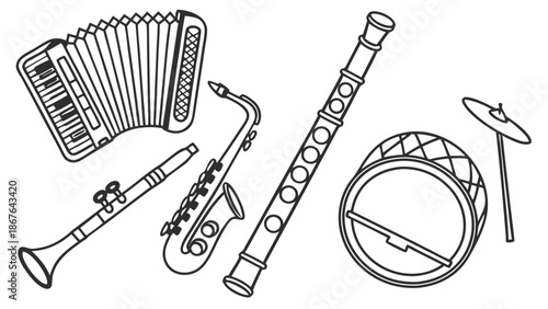 Musical Instruments Line Art Set Accordion Saxophone Clarinet Drum for Music Education and Entertainment Design Projects