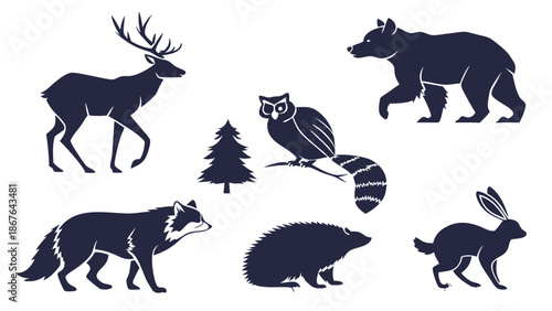 Forest Wildlife Silhouette Set Deer Owl Bear Raccoon Hedgehog Rabbit for Nature Design Projects