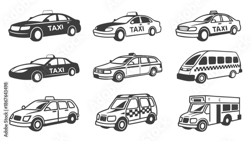 Diverse Taxi Cab and Shuttle Vehicle Icons Set for Transportation App Design and City Service Promotion