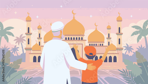 Muslim father and son looking at mosque with minarets and palm trees