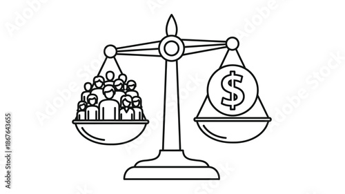 Scales of justice depict a balance between people and monetary value in black and white