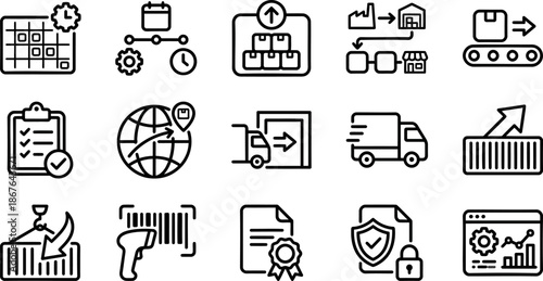 Logistics and Supply Chain Management Line Icons Set, Warehouse and Transportation Workflow Outline Symbols