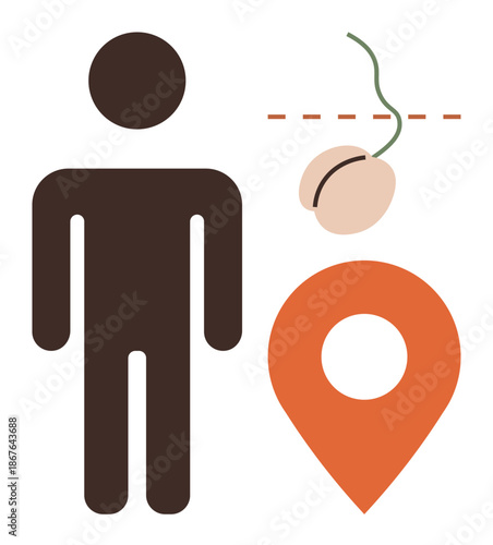 Male health, fertility, medical research, reproductive health, family planning, diagnostics. Brown figure, sperm cell and orange location marker. Male health and fertility concept