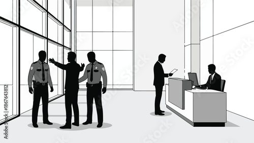 Security and business interactions in a modern office lobby