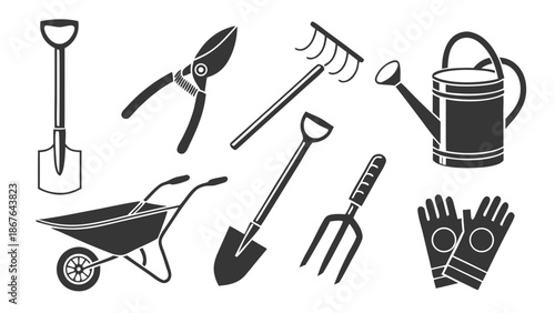 Essential Gardening Tools Set Black Icon Collection for Spring Planting Lawn Care Projects and Outdoor Home Improvement Design