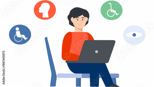 Woman using laptop with disability accessibility symbols around her