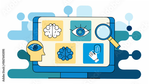 Vibrant illustration of human brain and eye icons on a computer screen