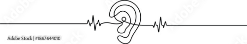 Continuous one-line drawing of a human hearing symbol. Minimalist icon for audiology and sound waves. Simple black line art on a white background.