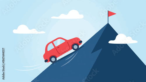 Red car driving up a mountain to a flag, representing goal achievement