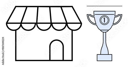 Business success. Small business ed by a storefront and a trophy achievement. Business success for entrepreneurship, retail growth, awards, and online stores
