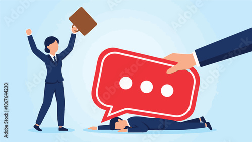 Businesswoman triumphant as man is crushed by overwhelming communication