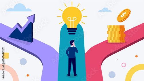 Business Decision Making Concept with Entrepreneur Choosing Path of Growth, Innovation, and Finance Flat Illustration