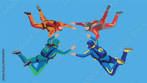 Four skydivers in colorful suits performing a formation in a blue sky