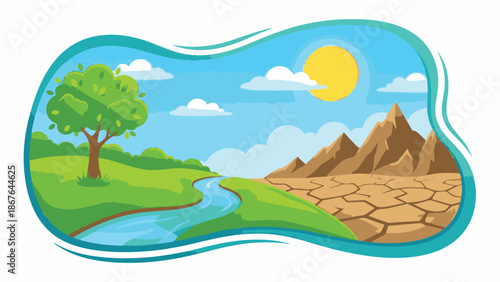 Healthy environment vs. dry desert land, climate change concept illustration