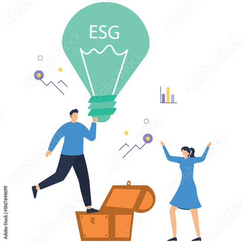 Flat vector style illustration of employees opening treasure chest filled with green ESG lightbulbs as corporate sustainability reward stock illustration