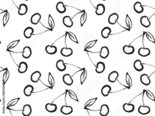 Seamless pattern of hand-drawn black cherry outlines on a white background. Simple minimalist fruit sketches in a repetitive layout.