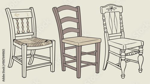 Three Vintage Wooden Dining Chairs Illustration for Furniture Catalog Web Design Rustic Home Decor