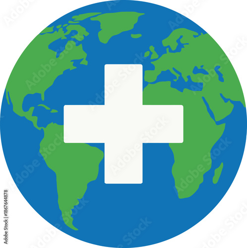 Global healthcare blue earth globe with white medical cross symbol international medicine hospital logo world health day emergency aid care pharmacy pandemic safety.