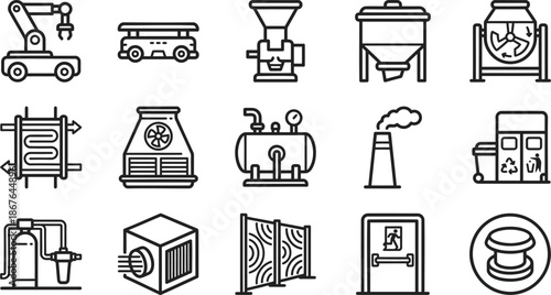 Industrial Processing and Manufacturing Equipment Line Icons Set, Factory Machinery and Production Systems Outline Symbols
