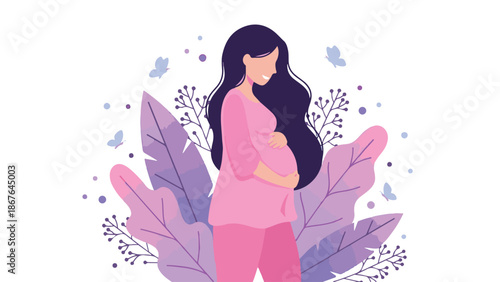 Smiling pregnant woman embracing her belly in a serene floral illustration