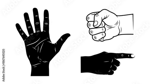 Vector illustration set of human hand gestures and finger symbols featuring black silhouette icons of palms, arms, and business signs on a white background