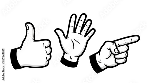 A set of three cartoon hand gestures: thumbs up, open palm, and pointing finger, in black and white.