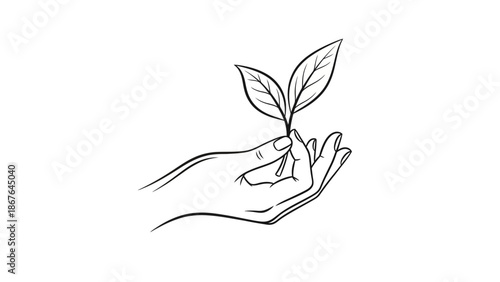 Human hand holding a green sprout and tree leaf as a natural eco symbol of growth and environment care in this vector illustration design concept