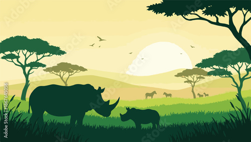 African savanna landscape with rhino family, zebras, and trees at sunset
