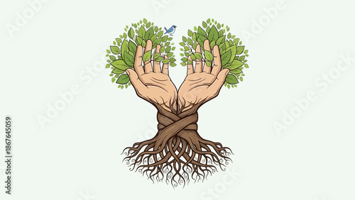 A symbolic illustration of human hands forming a tree with roots and leaves, representing growth and nature.
