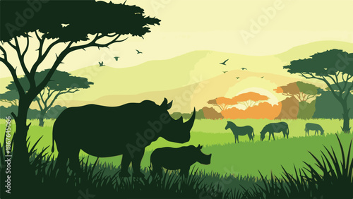 African Savanna Sunset with Rhinos and Zebras Wildlife Illustration