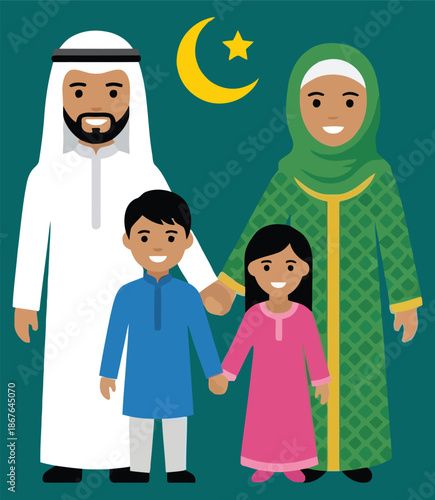 Happy Muslim family parents and children standing together with crescent moon for Ramadan and Eid celebration wearing traditional clothes religious concept design.