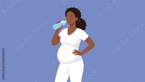 Healthy pregnant woman drinking water from a bottle, self-care and hydration