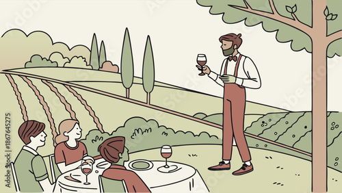 Vineyard Wine Tasting Experience Outdoors Happy Tourists Sampling Red Wine with Sommelier in Rustic Landscape Setting