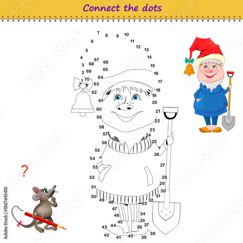 Connect the dots from 1 to 70 and draw the funny gnome. Trace the line between numbers. Coloring book. Developing counting skills. Logic puzzle game for kids. Activity sheet. Vector illustration.