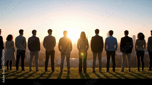 Diverse group of business professionals standing together on a hill overlooking cityscape at sunset