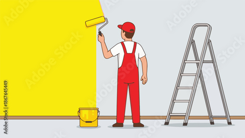 Man painting a wall yellow with a paint roller, home renovation concept