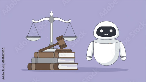 AI Robot, Scales of Justice, Gavel, and Law Books Illustration