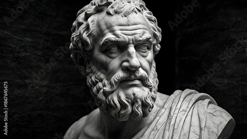 Marble bust of an ancient Greek philosopher, intense facial expression, deep wrinkles, dramatic side lighting, dark background