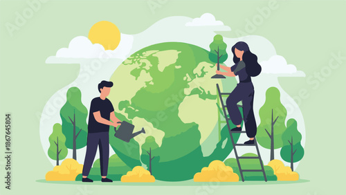 People planting trees on Earth, promoting environmental care and sustainability