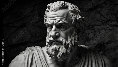 An ancient Greek philosopher, intense facial expression, deep wrinkles, dramatic side lighting, dark background, Marble Statue 