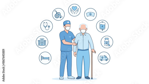 Healthcare Worker Assisting Senior Man with Elder Care Medical Support Icons