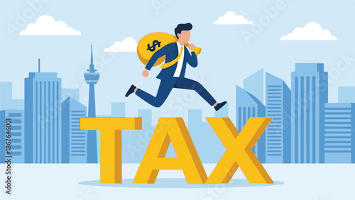 Businessman with money bag jumping over word TAX in city skyline