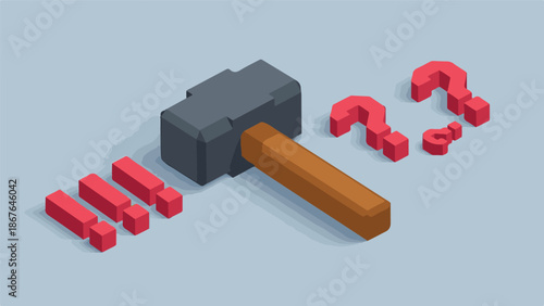 Isometric hammer, question marks, and exclamation marks for problem-solving