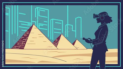 Woman Immersed in Virtual Reality Exploring Ancient Pyramids and Futuristic Cityscape for Travel Tech Education