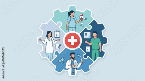 Integrated healthcare team working together in a collaborative puzzle gear