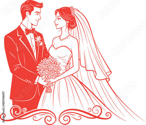 Valentine's day wedding illustration of loving couple in red tones for romance and love