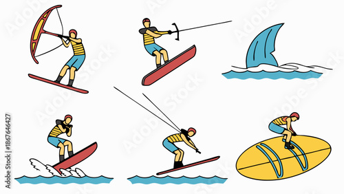 Dynamic Water Sports Icons Set Windsurfing Wakeboarding Surfing Summer Vacation Activity Design Elements