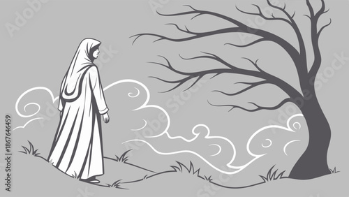Solitary Woman in Hooded Cloak Walking Toward Barren Tree in Moody Landscape for Spiritual or Dramatic Storytelling