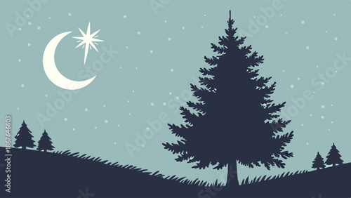 Winter Night Landscape Silhouette with Crescent Moon and Star for Holiday Greeting Cards Seasonal Web Banners Peaceful Serenity