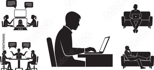 Remote work and virtual communication silhouette illustrations